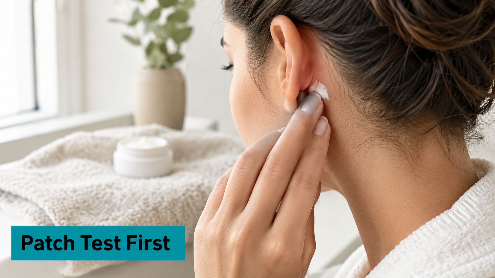 A woman applying hydrating face cream to the skin behind her ear for a patch test