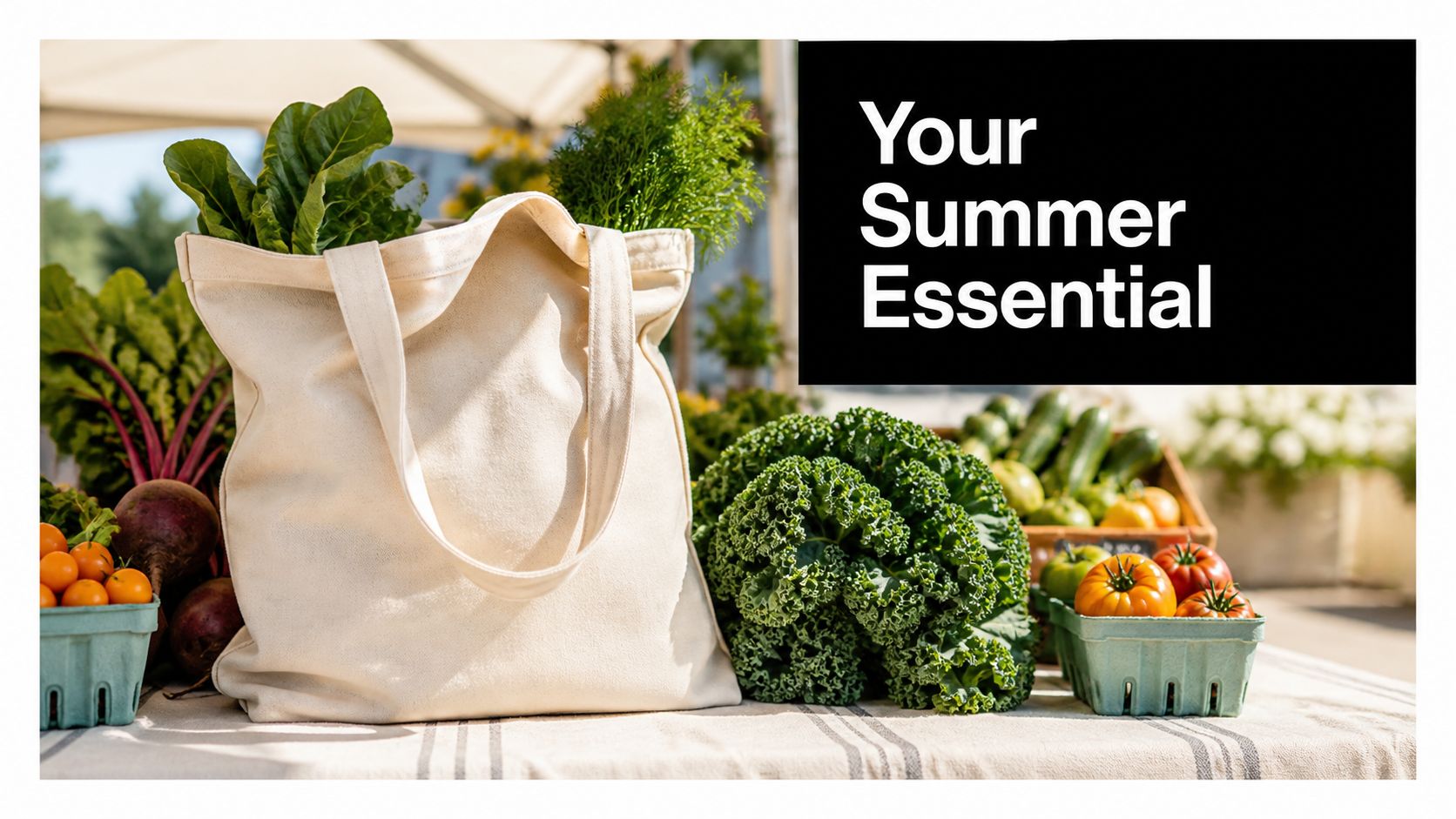 A canvas tote bag filled with fresh vegetables on a table at an outdoor farmers market.