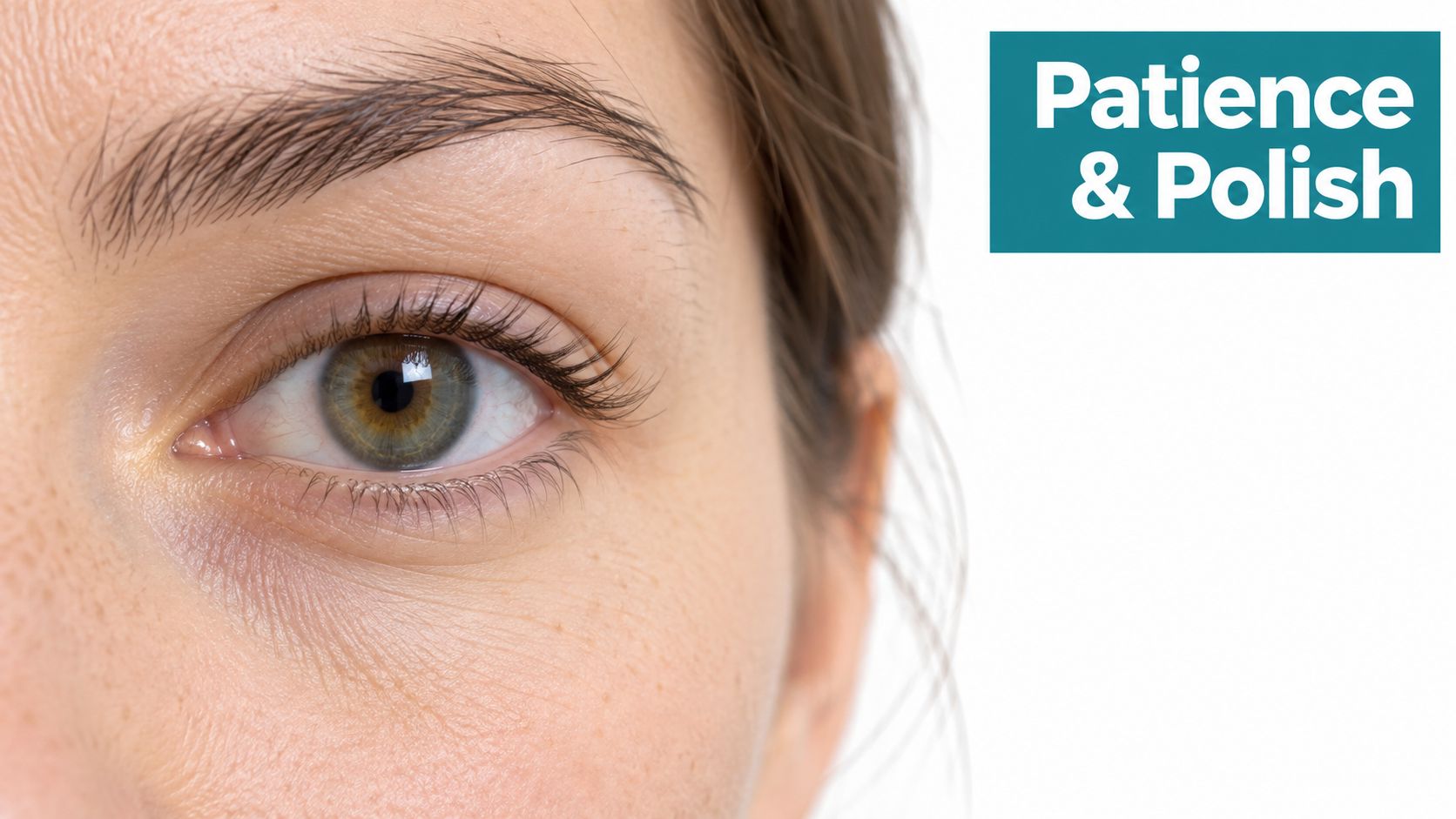 A close-up of a human eye with natural eyelashes next to a Patience & Polish brand logo.