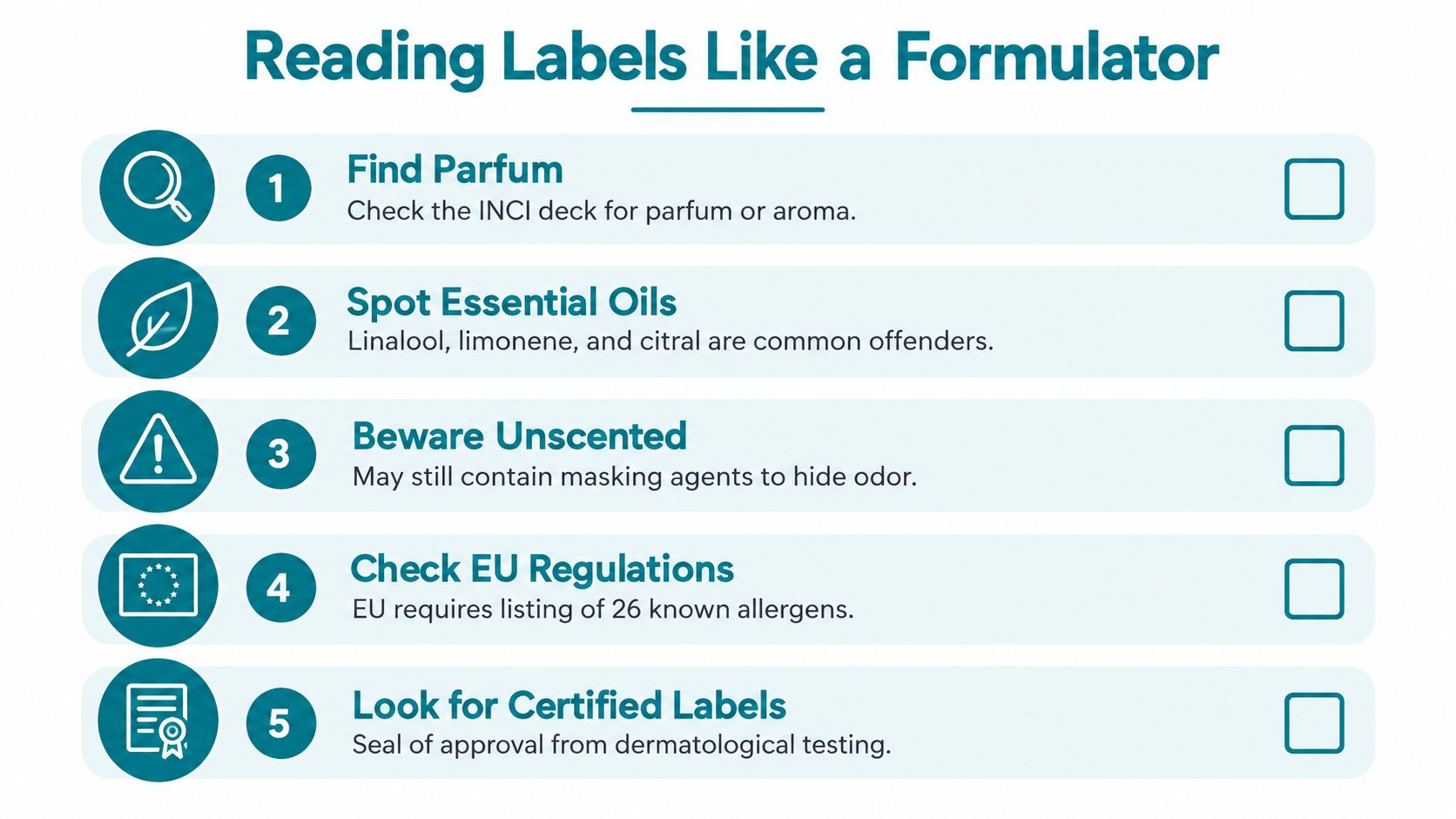 An infographic titled Reading Labels Like a Formulator with five tips for identifying hidden fragrance ingredients.