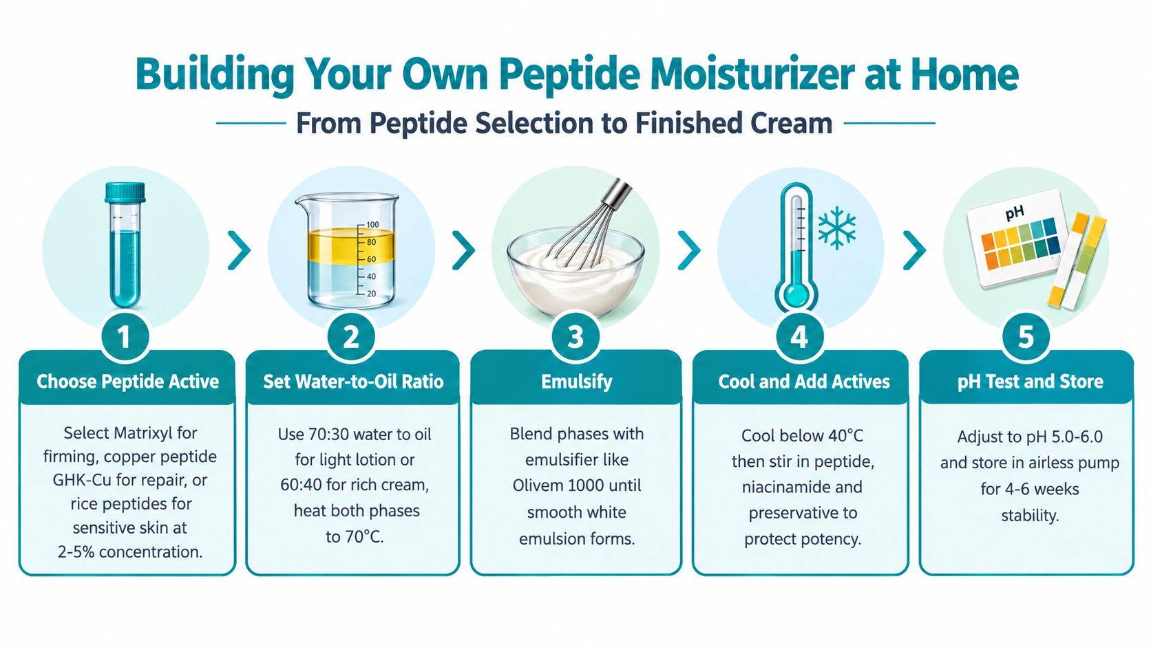 An infographic showing a five-step process to build a homemade peptide rich moisturizer for skincare.