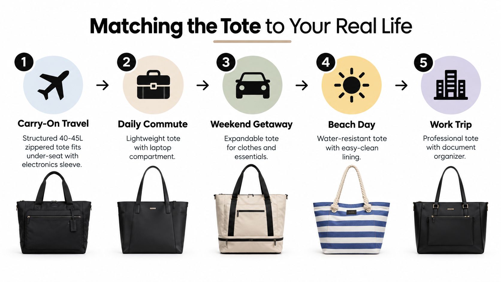 A diagram showing five different styles of tote bags matched to various life activities like travel and commuting.