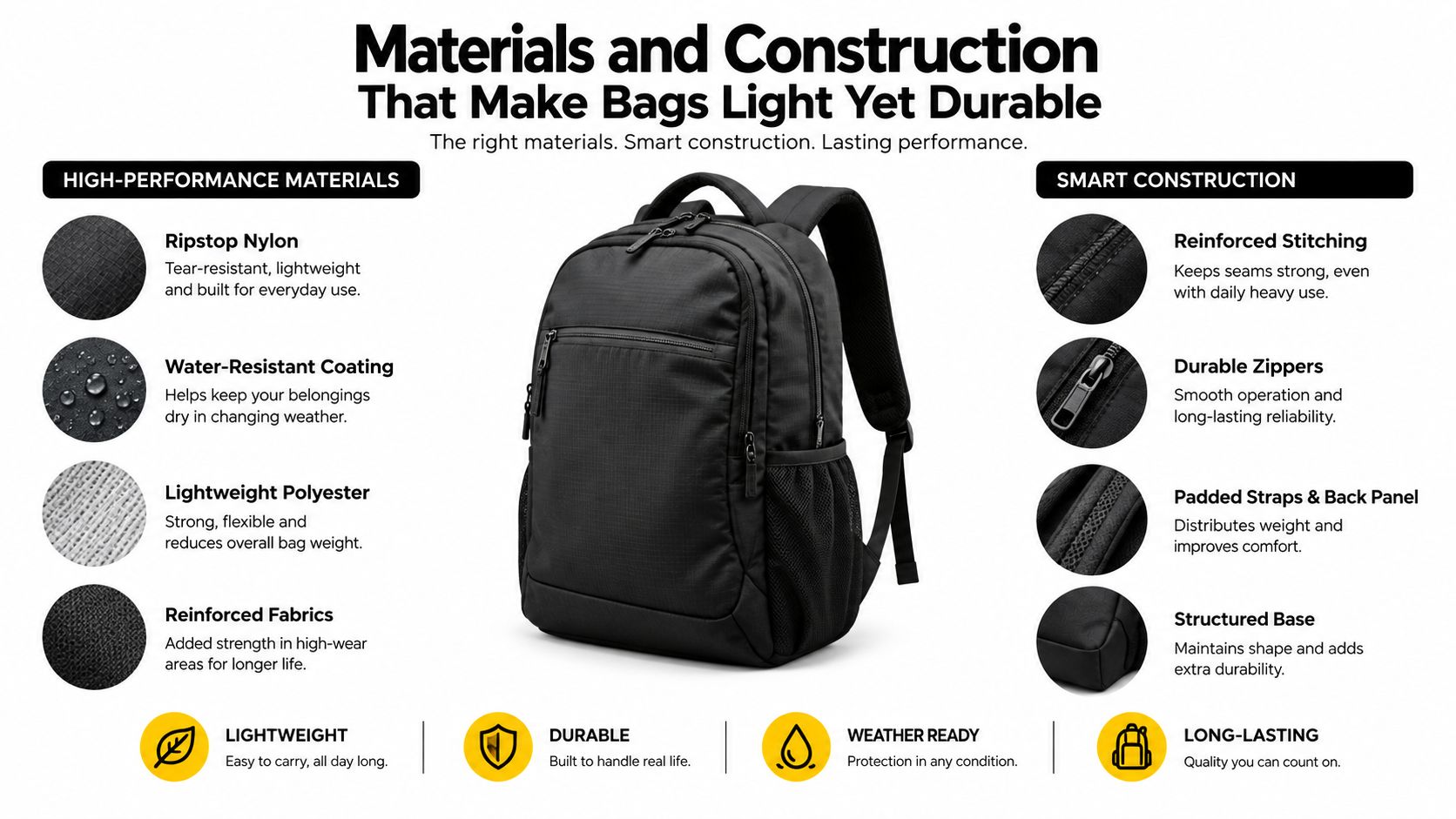 A black backpack infographic highlighting its durable materials and smart construction features for lightweight travel.