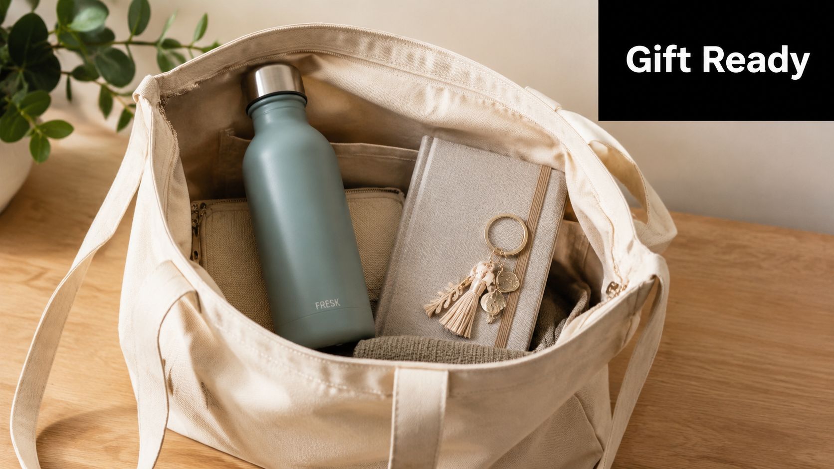 A beige canvas tote bag filled with a light blue water bottle, a journal, and accessories.