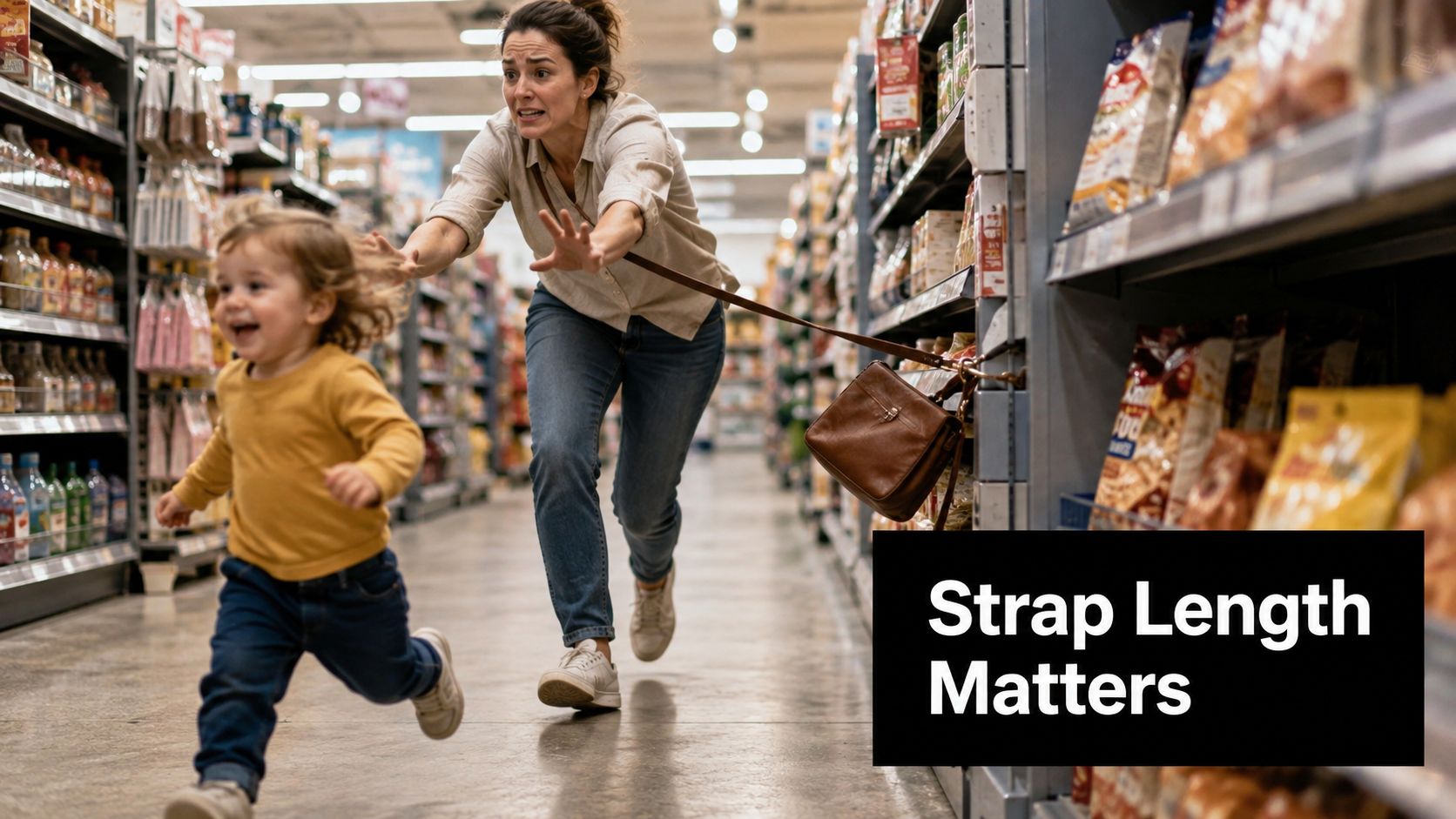 A concerned mother chases her running toddler in a grocery store aisle while wearing a crossbody bag.