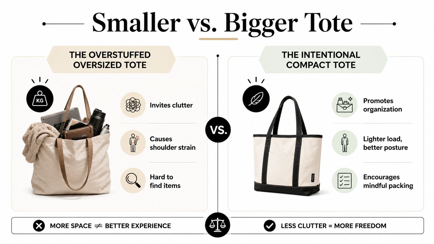 A comparison chart showing the benefits of choosing an intentional compact tote bag over an overstuffed oversized tote.