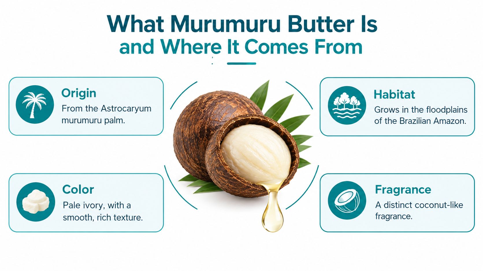 An informative infographic describing the origin, habitat, color, and fragrance of natural Murumuru butter.