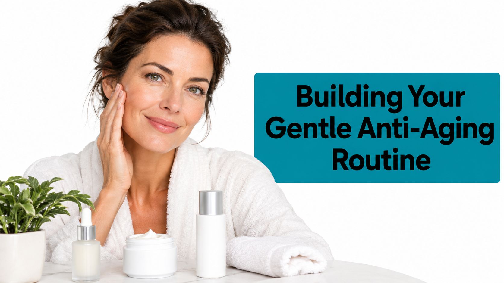 A smiling woman with radiant skin in a white robe, showcasing her gentle anti-aging skincare routine products.