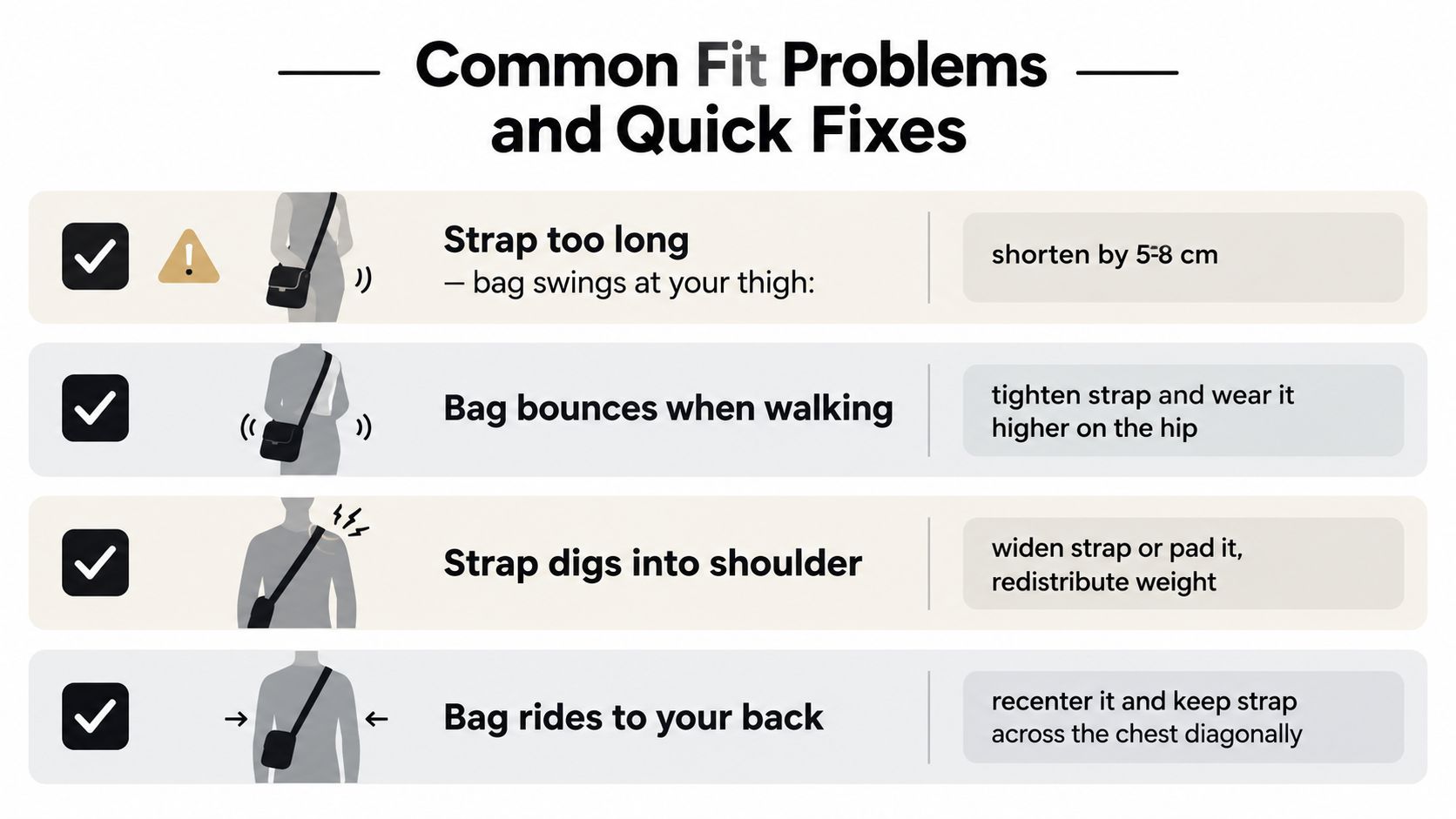 A visual guide showing four common fit problems with crossbody bags and their respective simple solutions.