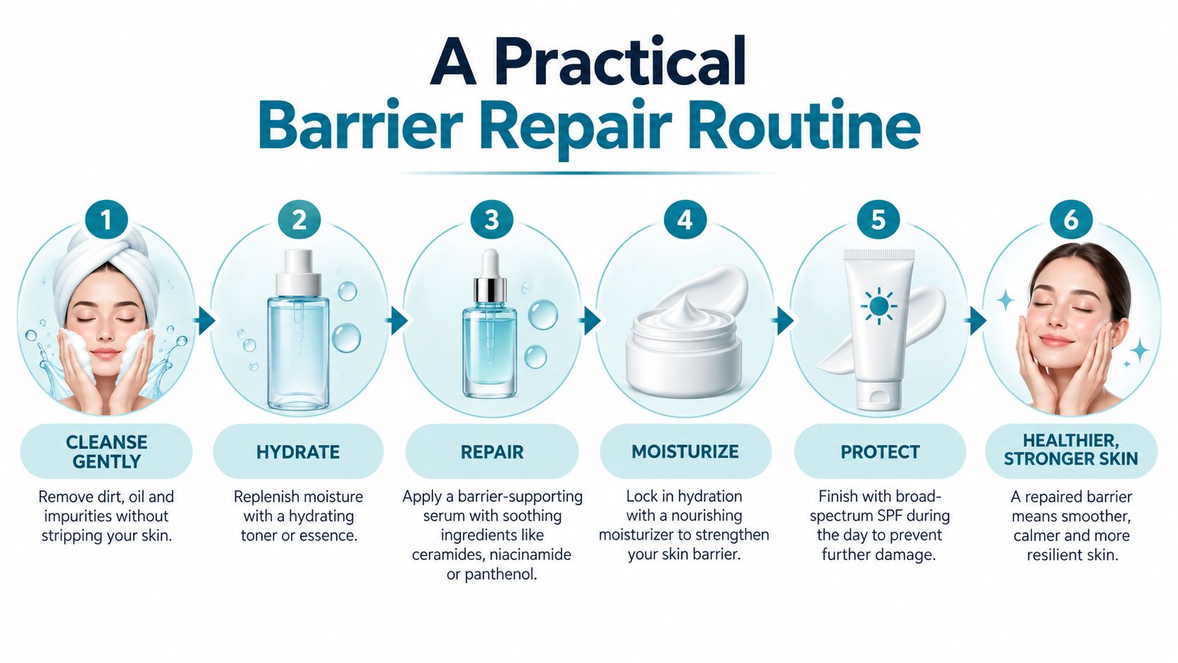 A six-step infographic showing a daily skincare routine for repairing and strengthening the skin barrier.