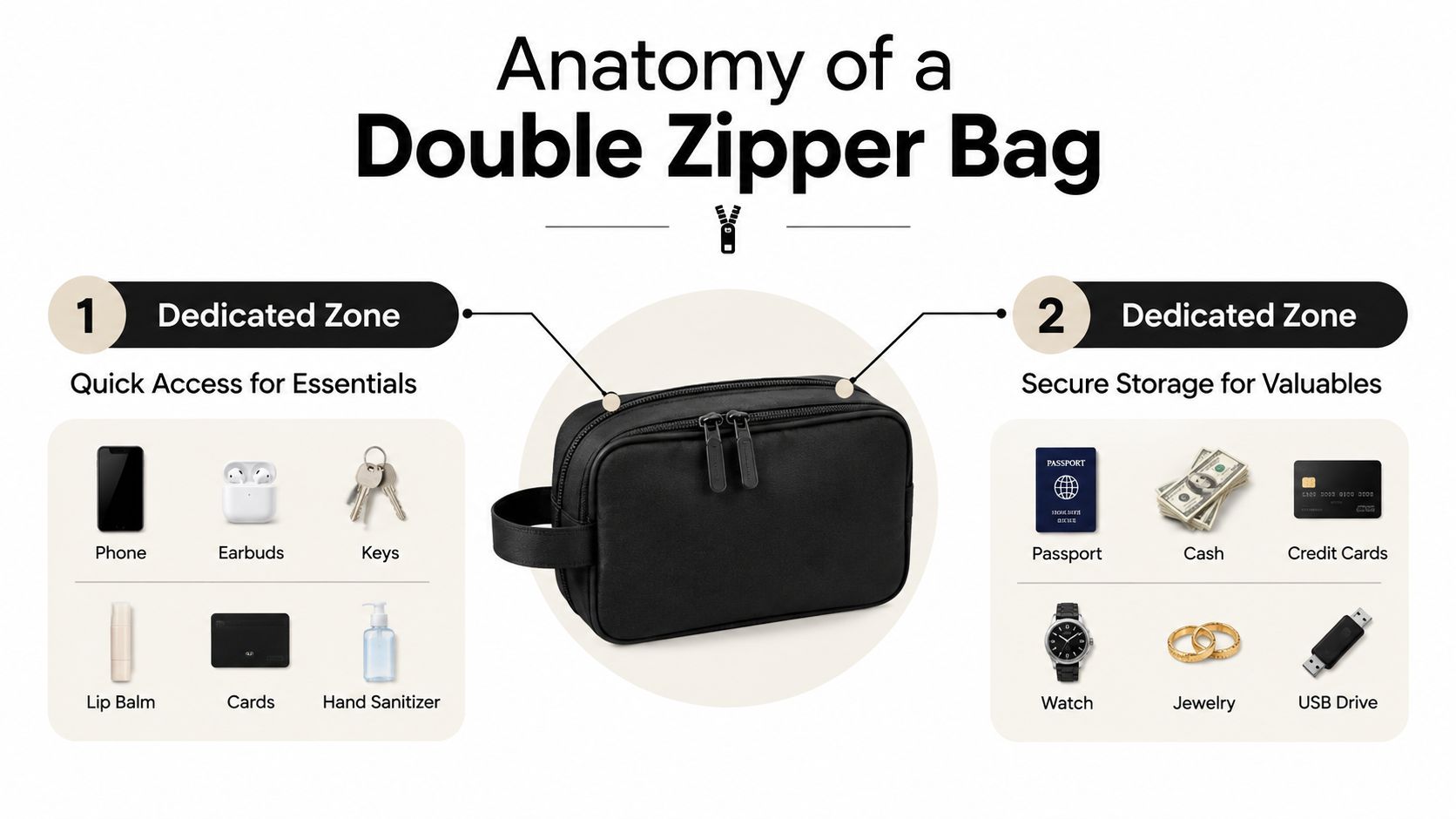 A diagram illustrating the dual-compartment design of a black double zipper bag for organizing essentials and valuables.
