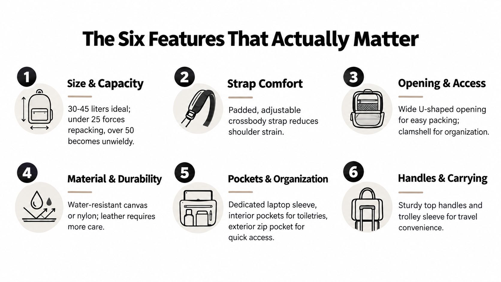 An infographic detailing the six essential features to consider when choosing a versatile travel bag.