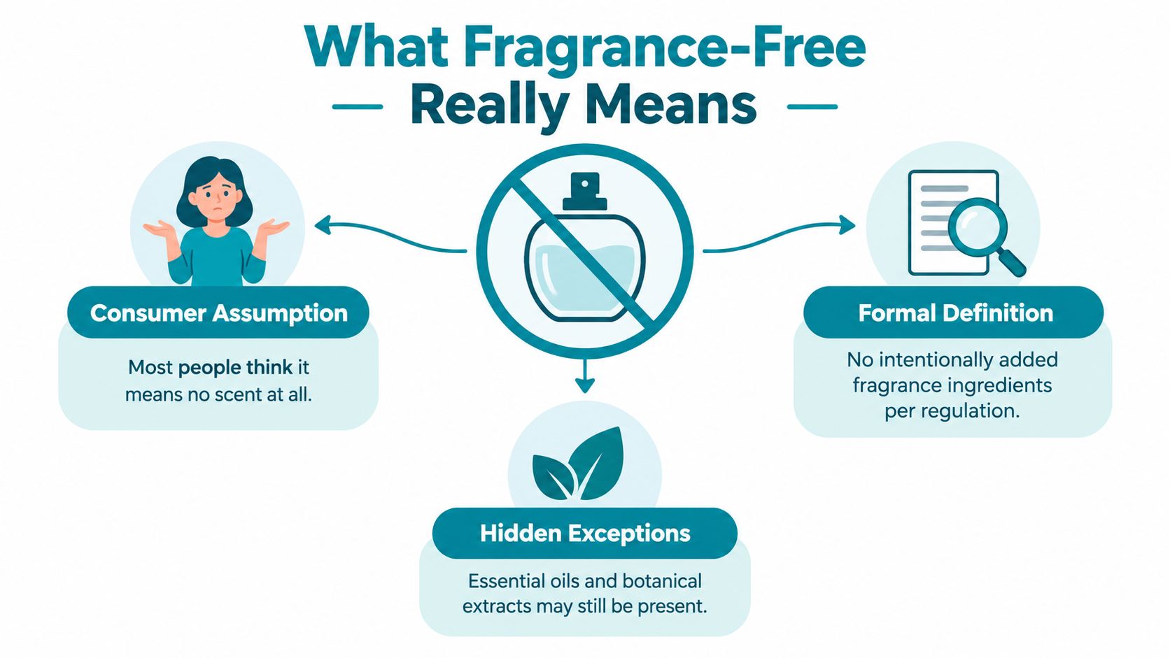 An infographic explaining that fragrance-free labels may still contain essential oils or botanical extracts despite regulations.