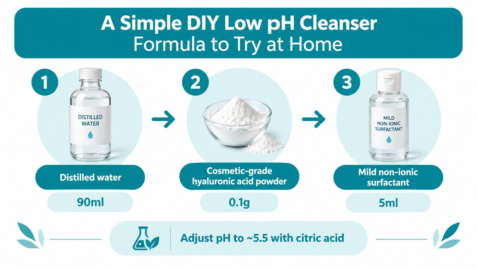 An infographic showing a three-step DIY formula for making a low pH cleanser at home.