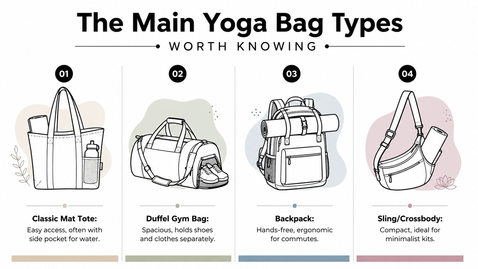 An infographic showing four common types of yoga bags: a classic mat tote, duffel gym bag, backpack, and sling.