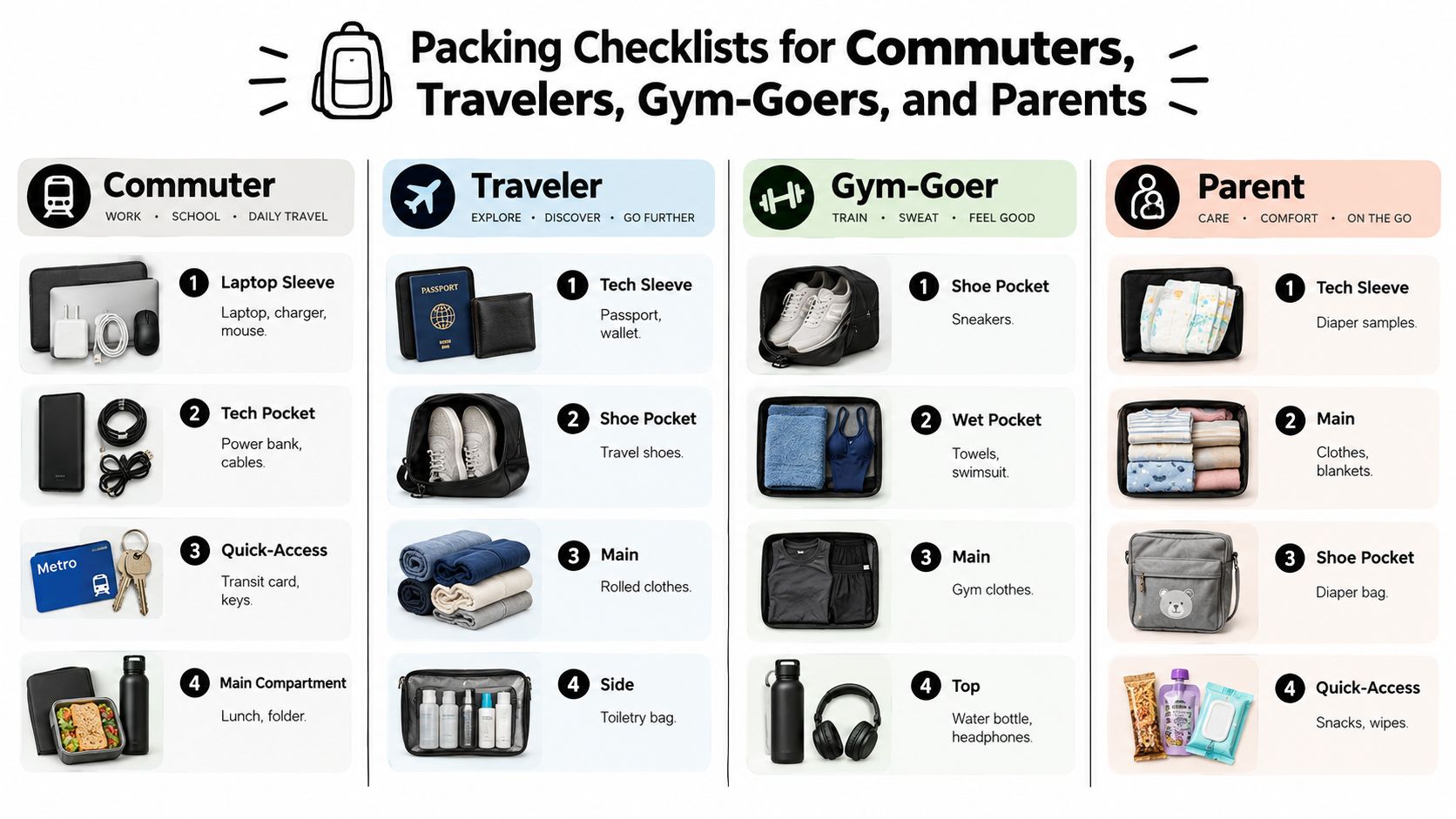 A visual guide showing packing organization checklists for commuters, travelers, gym-goers, and parents using specific bag compartments.