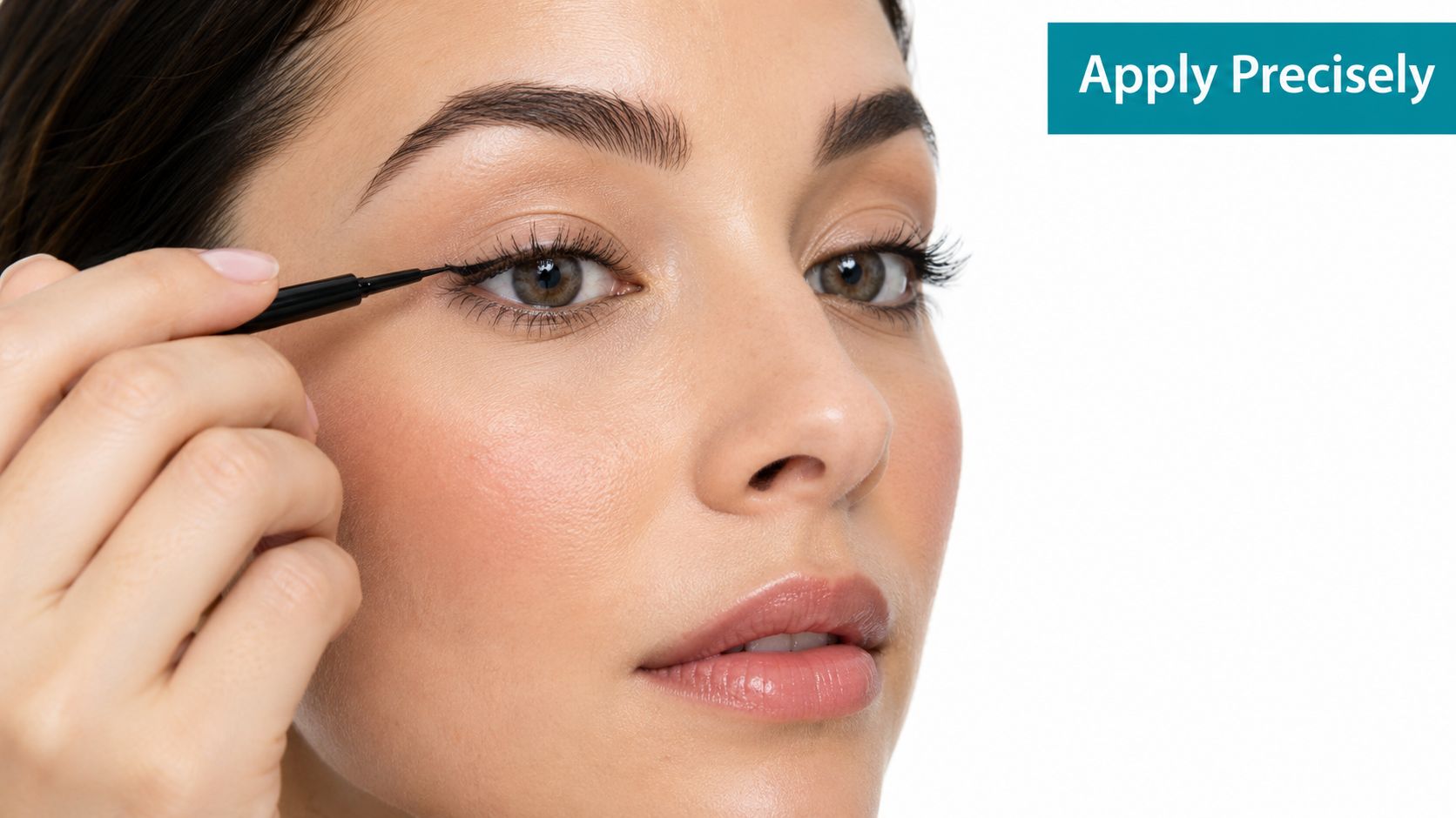 A close-up view of a woman applying dark liquid eyeliner precisely along her upper lash line.