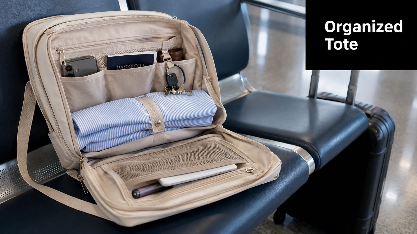 An organized cream-colored travel tote bag sitting on a waiting area seat, packed with passport, phone, and clothing.
