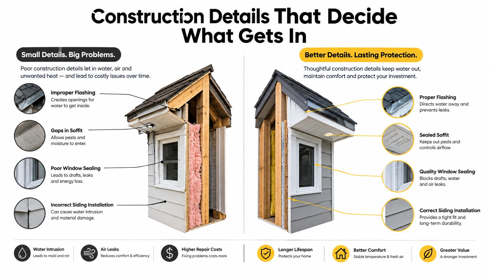 A side-by-side comparison of poor and proper construction details for home weatherproofing and exterior building maintenance.