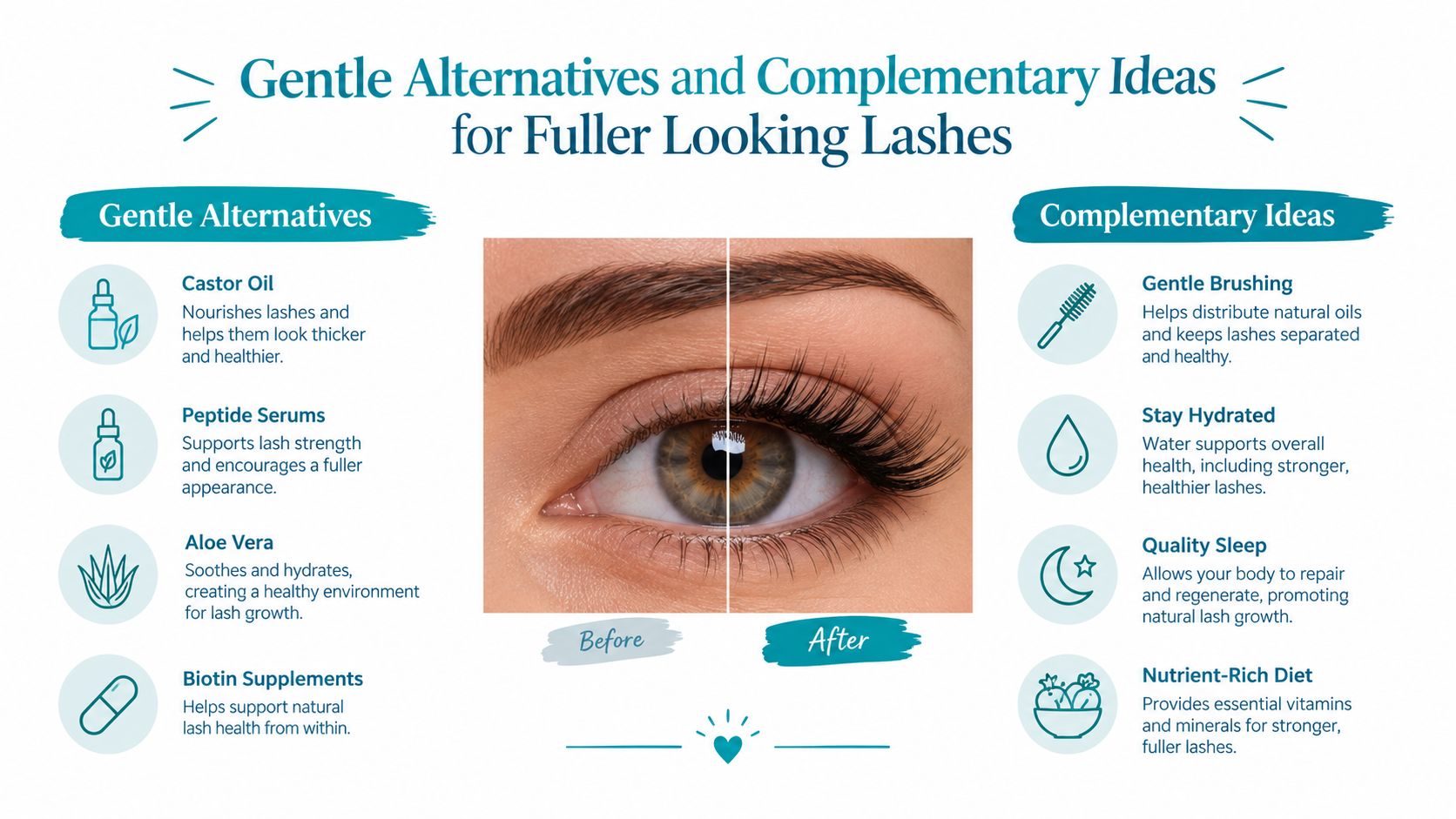 An infographic showing natural methods and lifestyle tips to achieve fuller, healthier looking eyelashes.