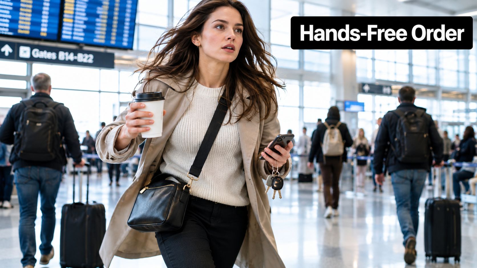 A woman carrying a black double zipper crossbody bag walks through a busy airport terminal.