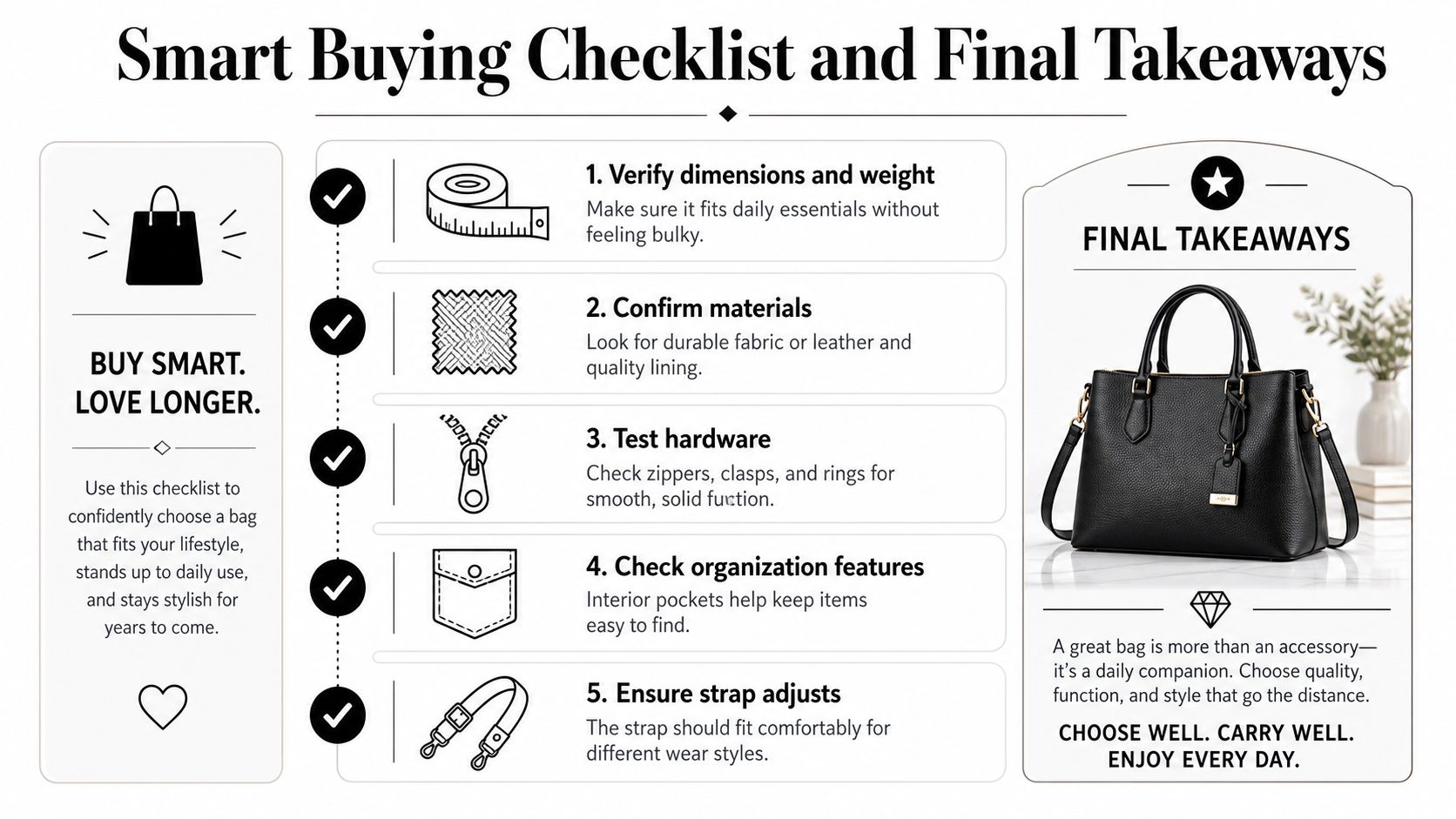 An infographic titled Smart Buying Checklist showing five steps to choose a durable, stylish handbag.