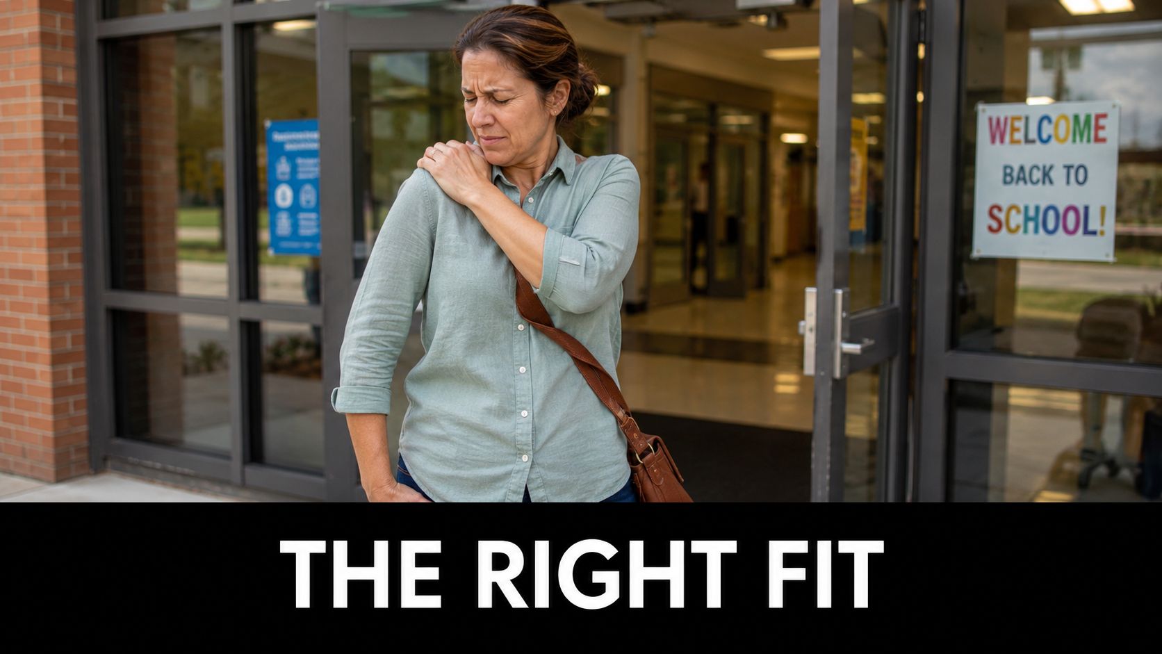 A woman standing at a school entrance while adjusting her uncomfortable shoulder bag strap in pain.