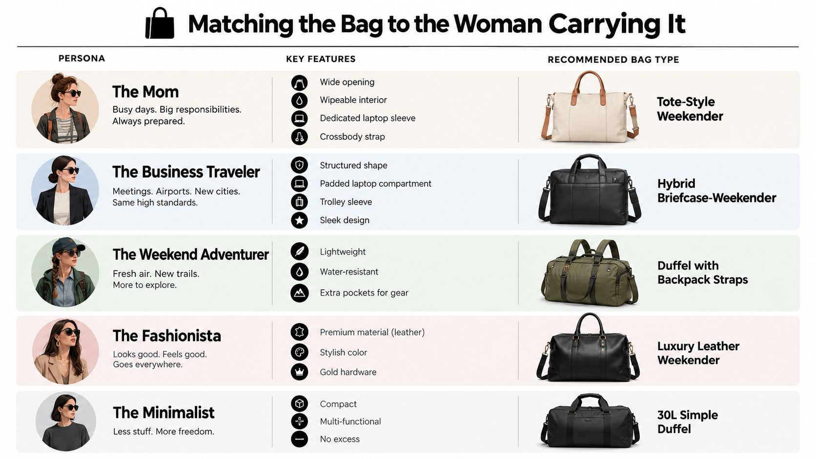 A chart illustrating different bag types for women based on their personal style and travel needs.