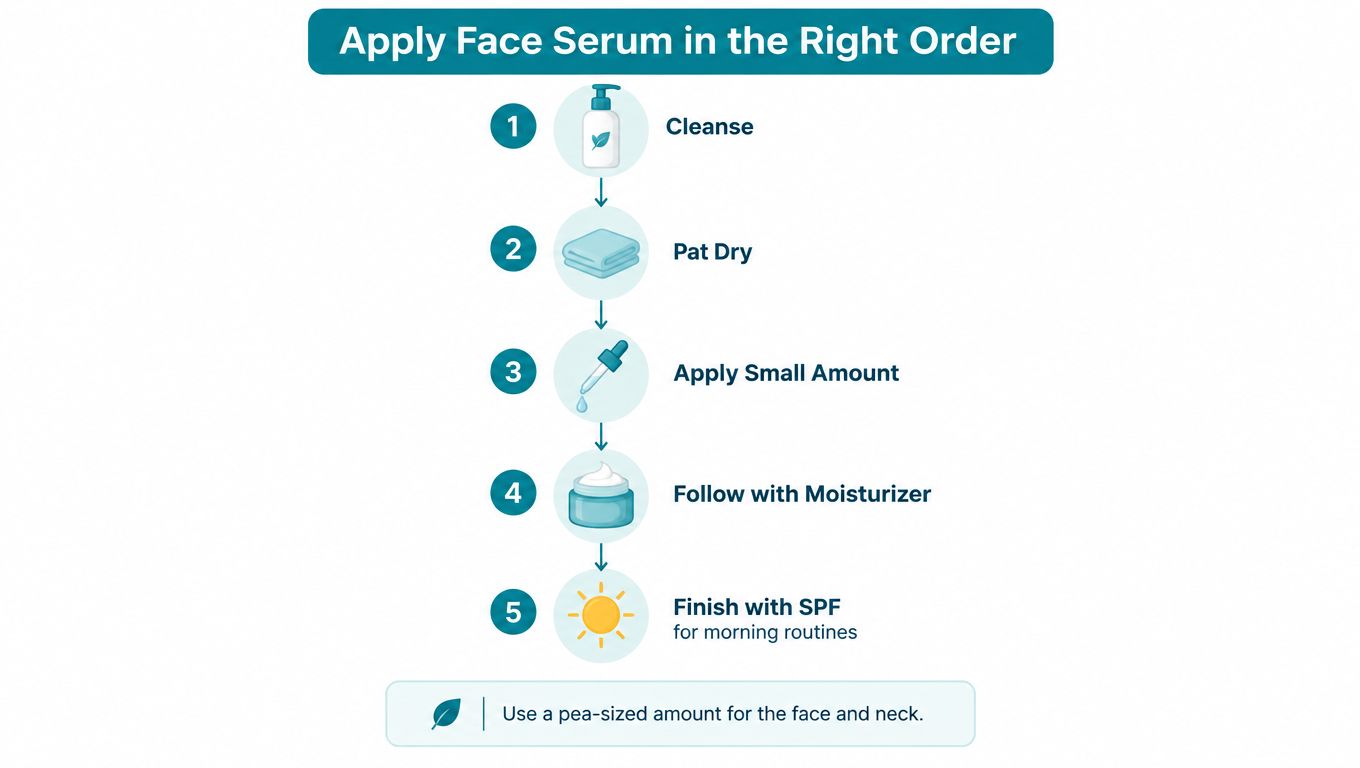 A five-step guide on how to correctly apply face serum, showing steps from cleansing to SPF application.