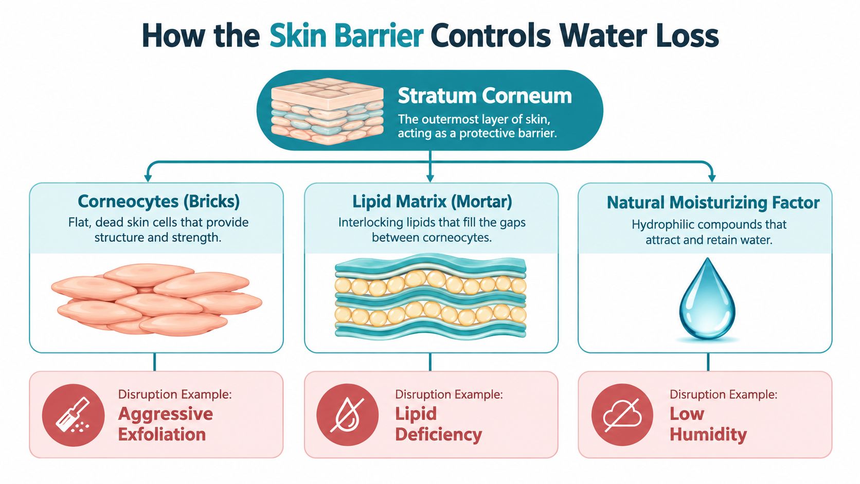 A diagram explaining how the skin barrier controls water loss through corneocytes, lipids, and moisturizing factors.