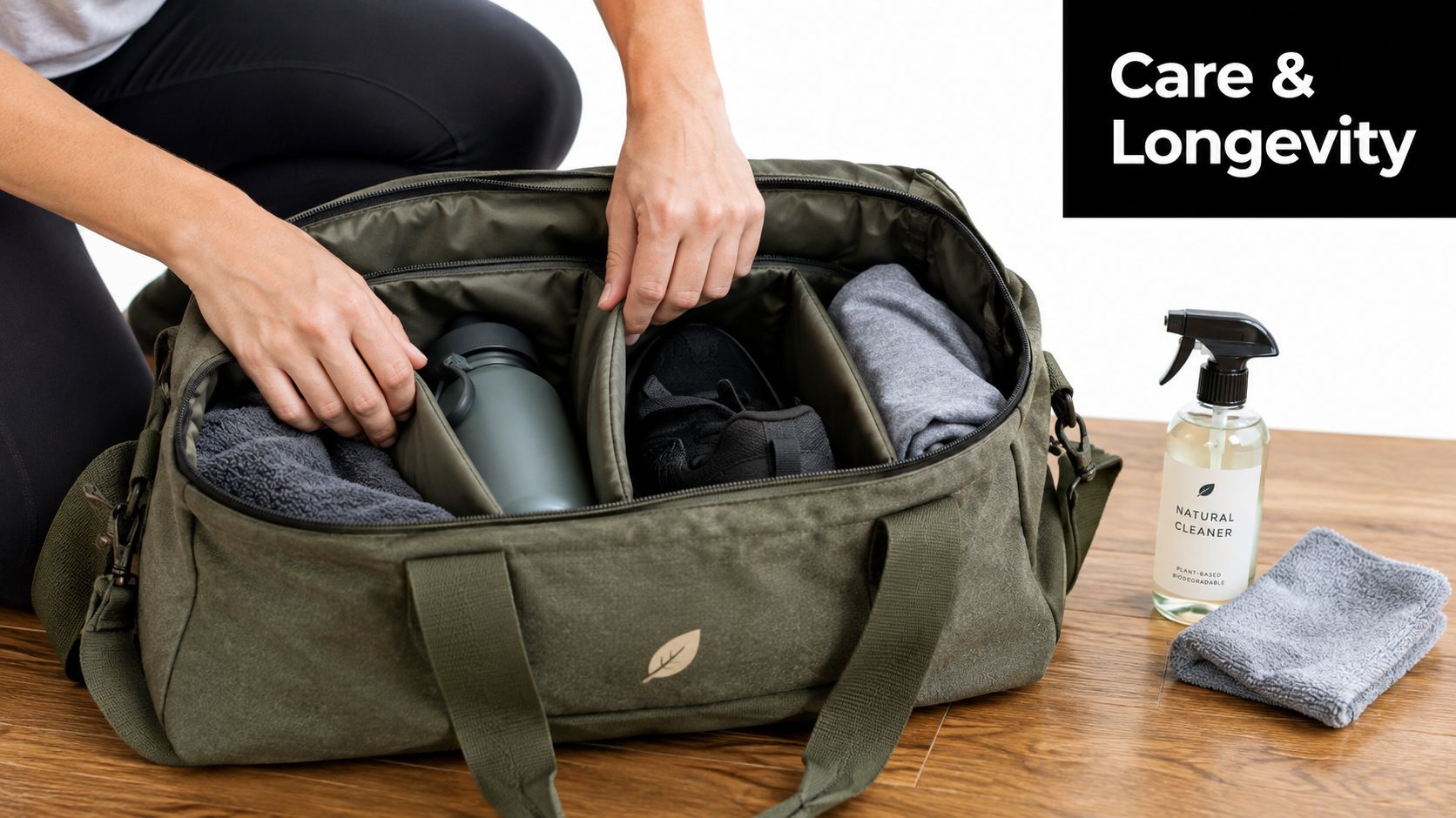 A person organizing personal items like a water bottle, shoes, and towels into a green gym bag.