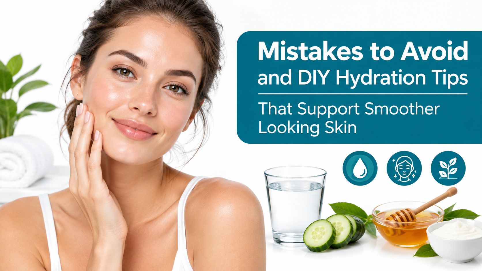 A woman smiling with glowing skin next to hydration tips for smoother and healthier looking skin.