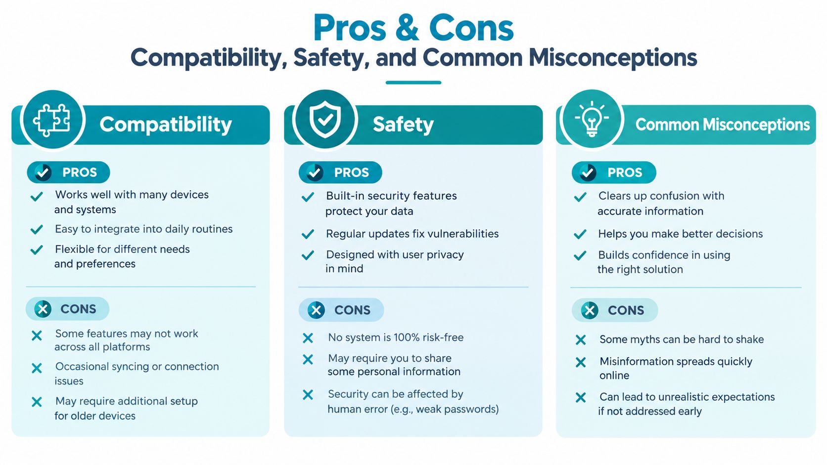 An infographic titled Pros and Cons: Compatibility, Safety, and Common Misconceptions displayed in three clear sections.