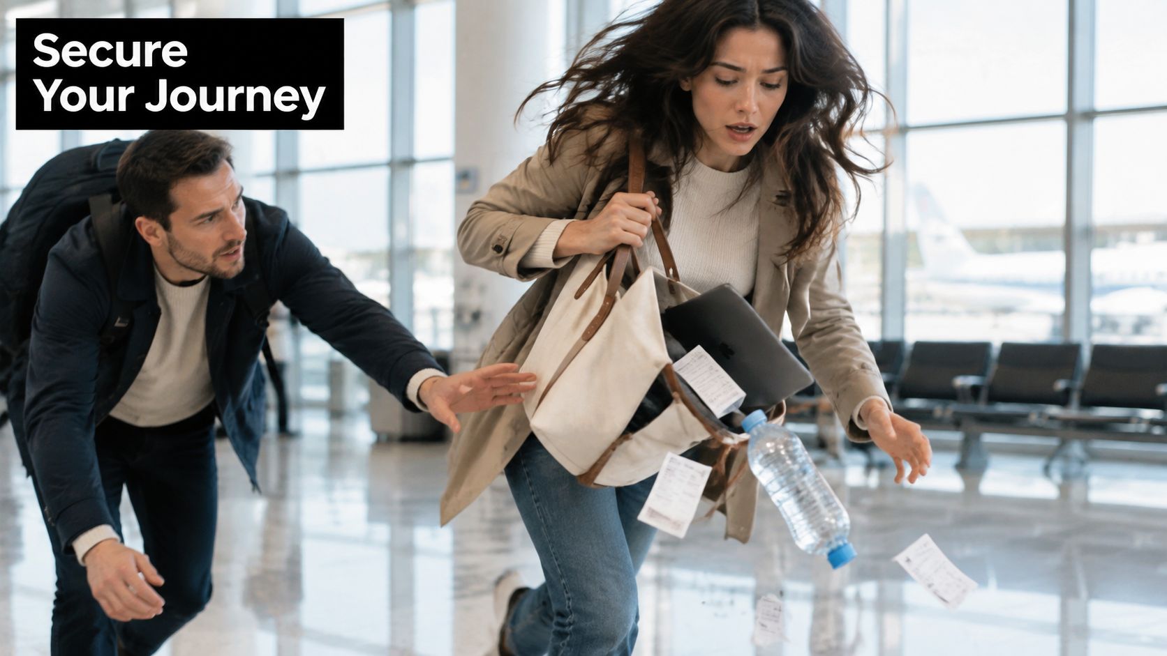 A man reaching for a woman's falling travel tote bag inside a busy airport terminal setting.