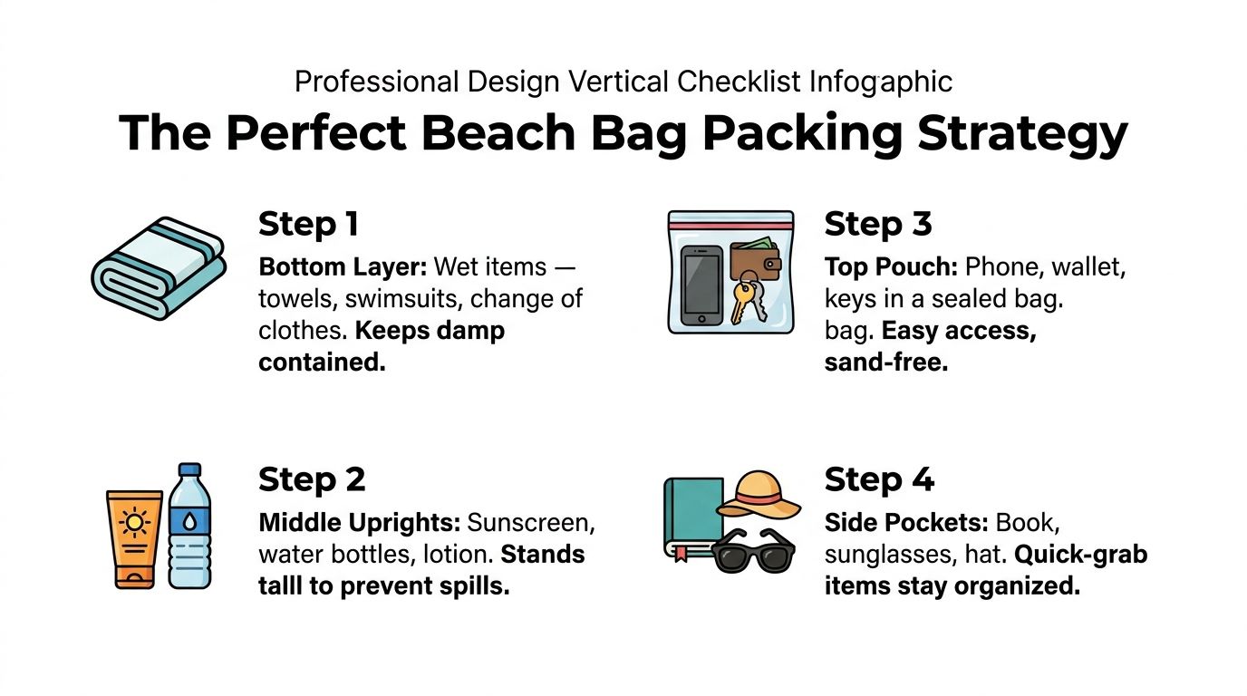 An infographic titled The Perfect Beach Bag Packing Strategy showing four organized steps for packing beach essentials.