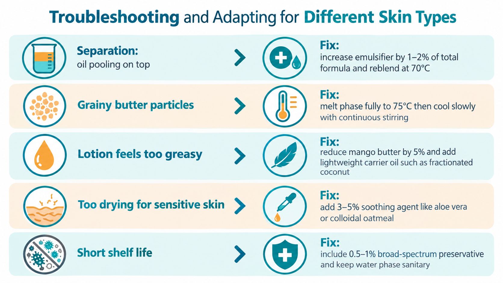 A troubleshooting guide table for common issues in making mango butter lotion, offering practical fix suggestions.