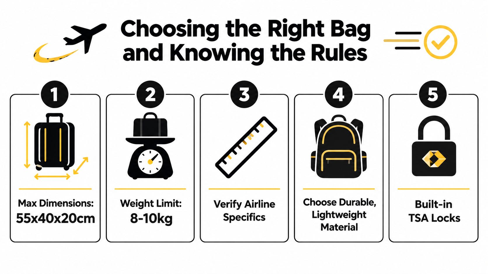 An infographic showing five essential tips for choosing the right airline carry-on luggage and travel rules.