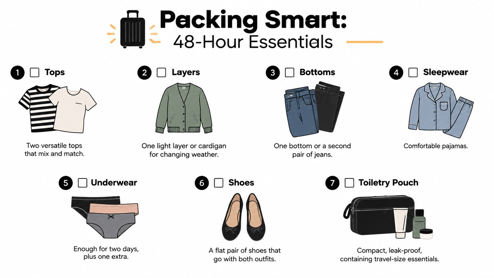 A checklist illustration for a 48-hour trip featuring clothing, shoes, and essential travel toiletry items.