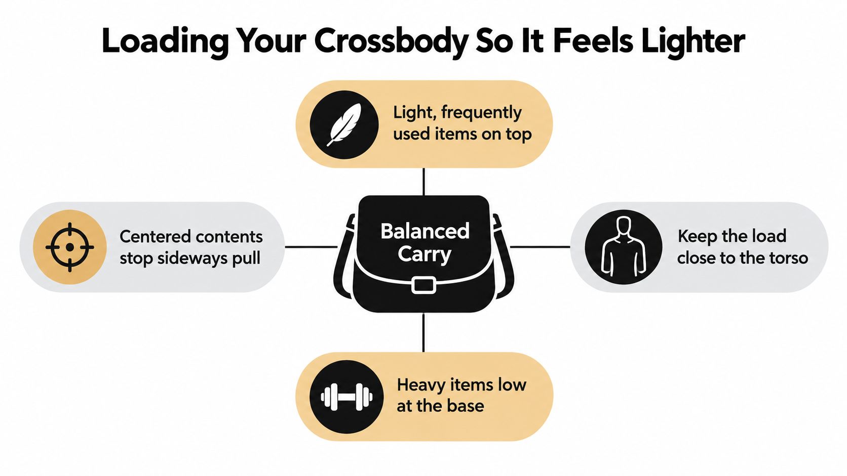 A diagram illustrating four tips for loading a crossbody bag to ensure it feels lighter and balanced.