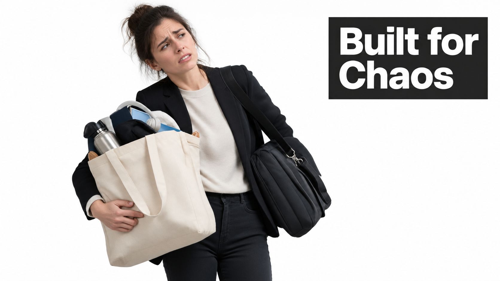 A stressed woman carrying a heavy tote bag and a black laptop bag, looking overwhelmed.