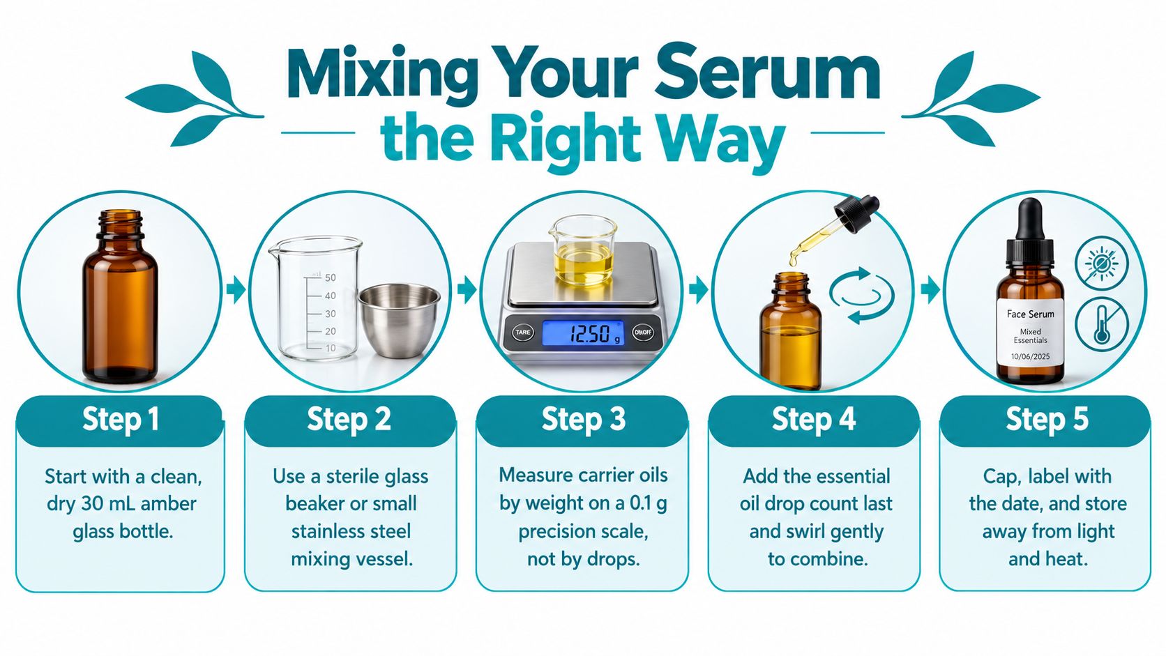 An infographic detailing five steps for mixing a DIY essential oil face serum properly at home.