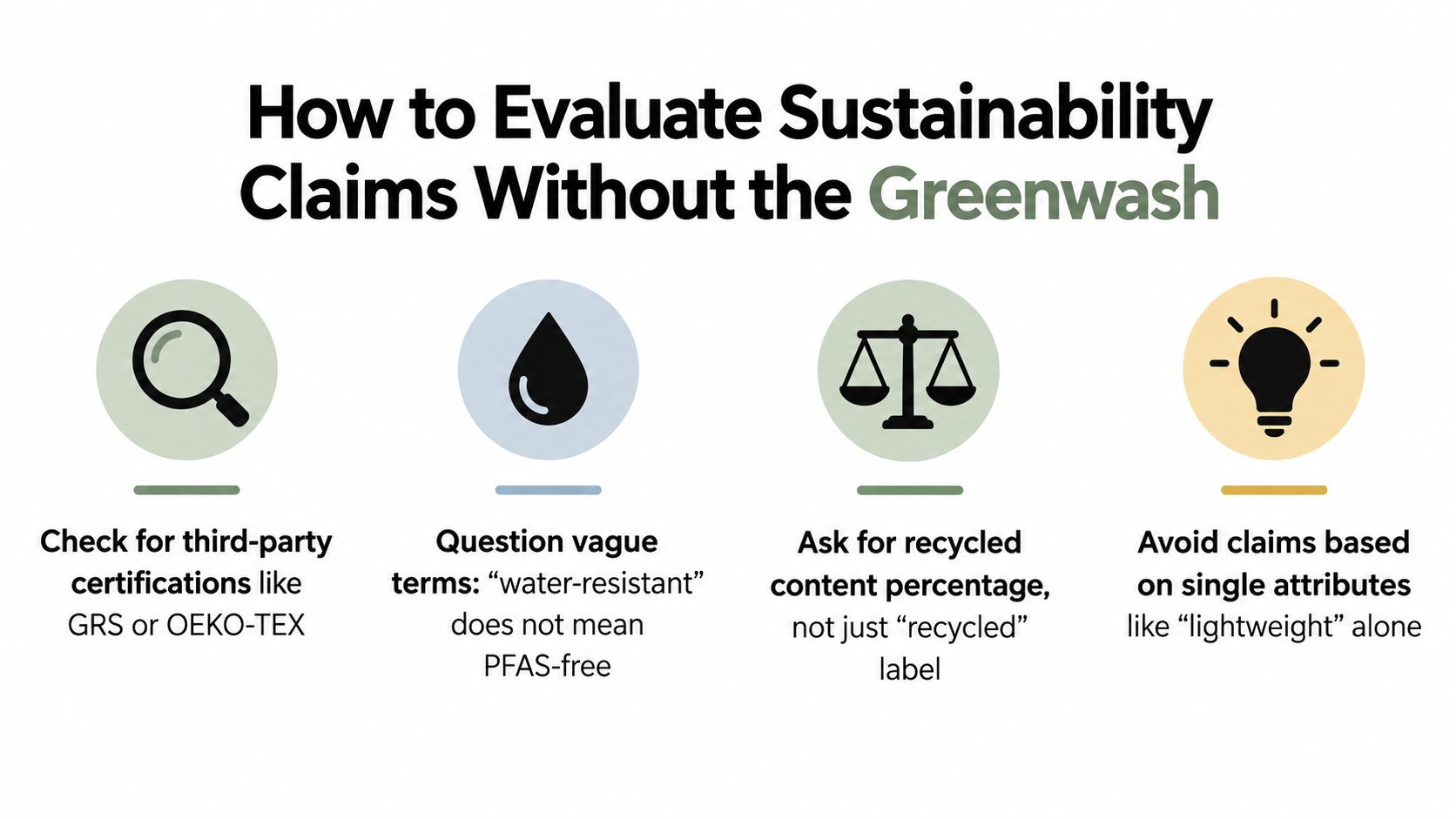 An infographic titled How to Evaluate Sustainability Claims Without the Greenwash featuring four practical tips for consumers.