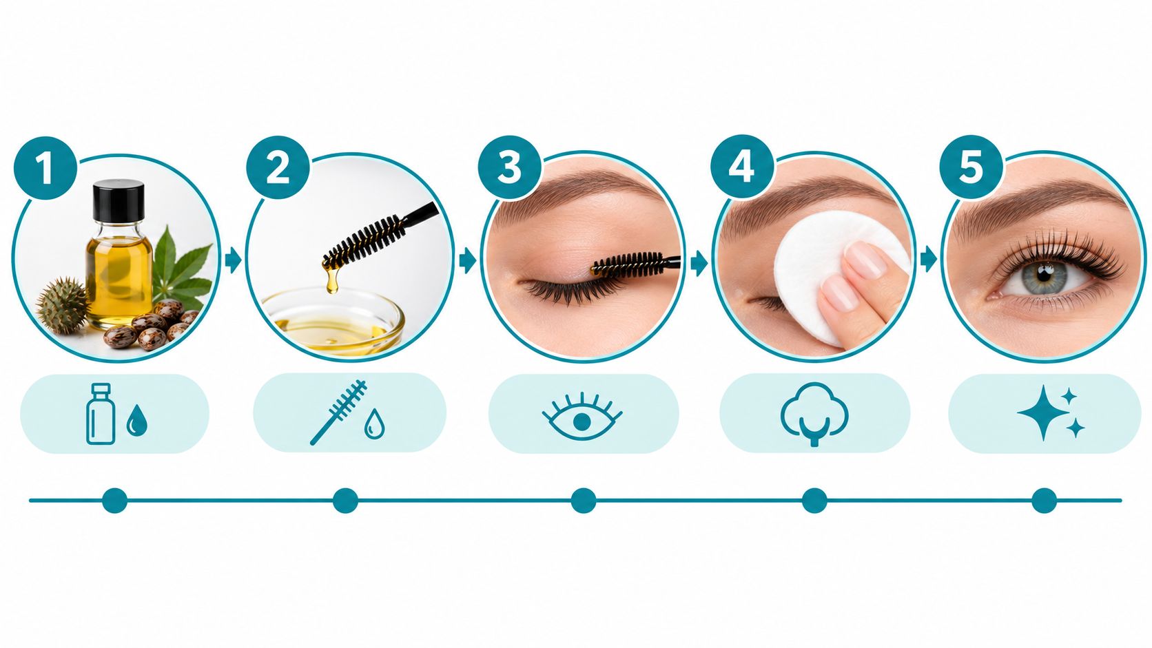 A five-step infographic showing how to apply castor oil to eyelashes for growth and conditioning.