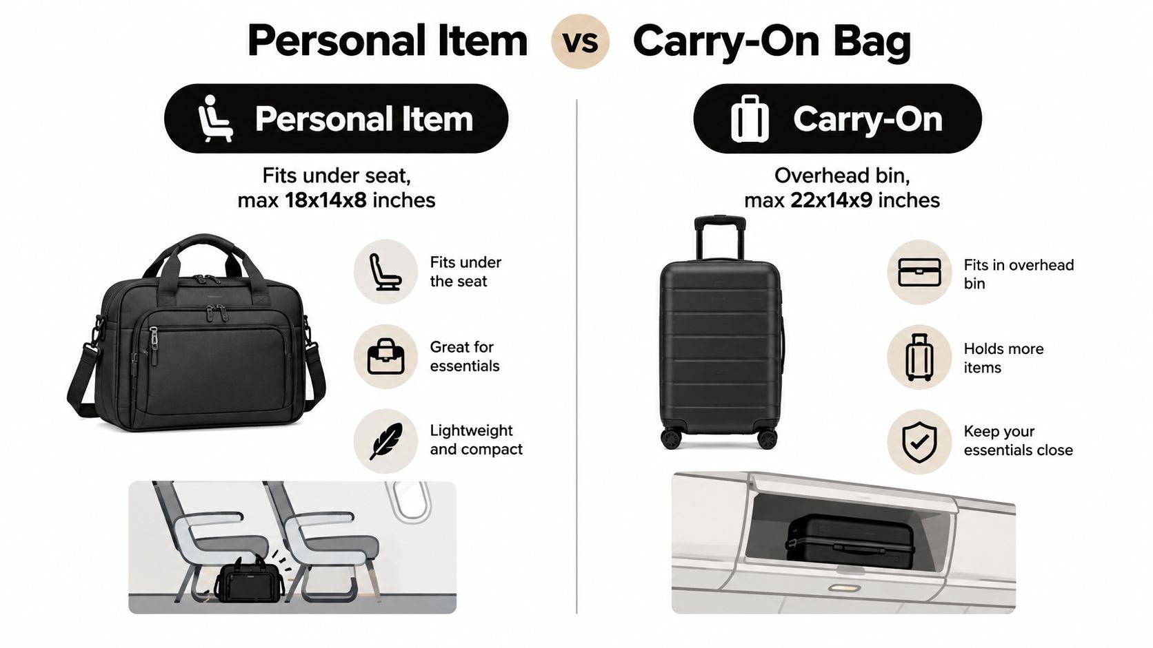 A comparison guide between a personal item bag fitting under a seat and a carry-on suitcase.