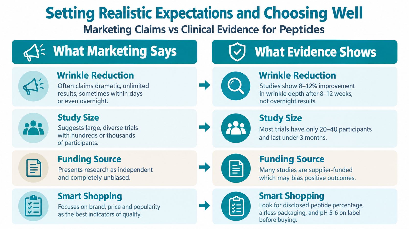 A comparison chart showing the difference between marketing claims and actual clinical evidence for peptide skin care products.