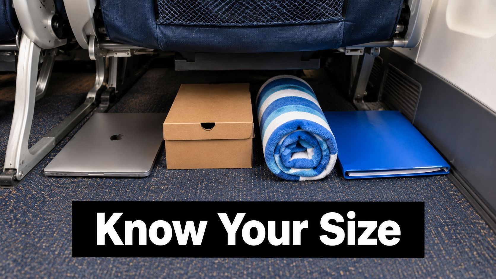 A view under an airplane seat showing a laptop, cardboard box, rolled towel, and a blue folder.