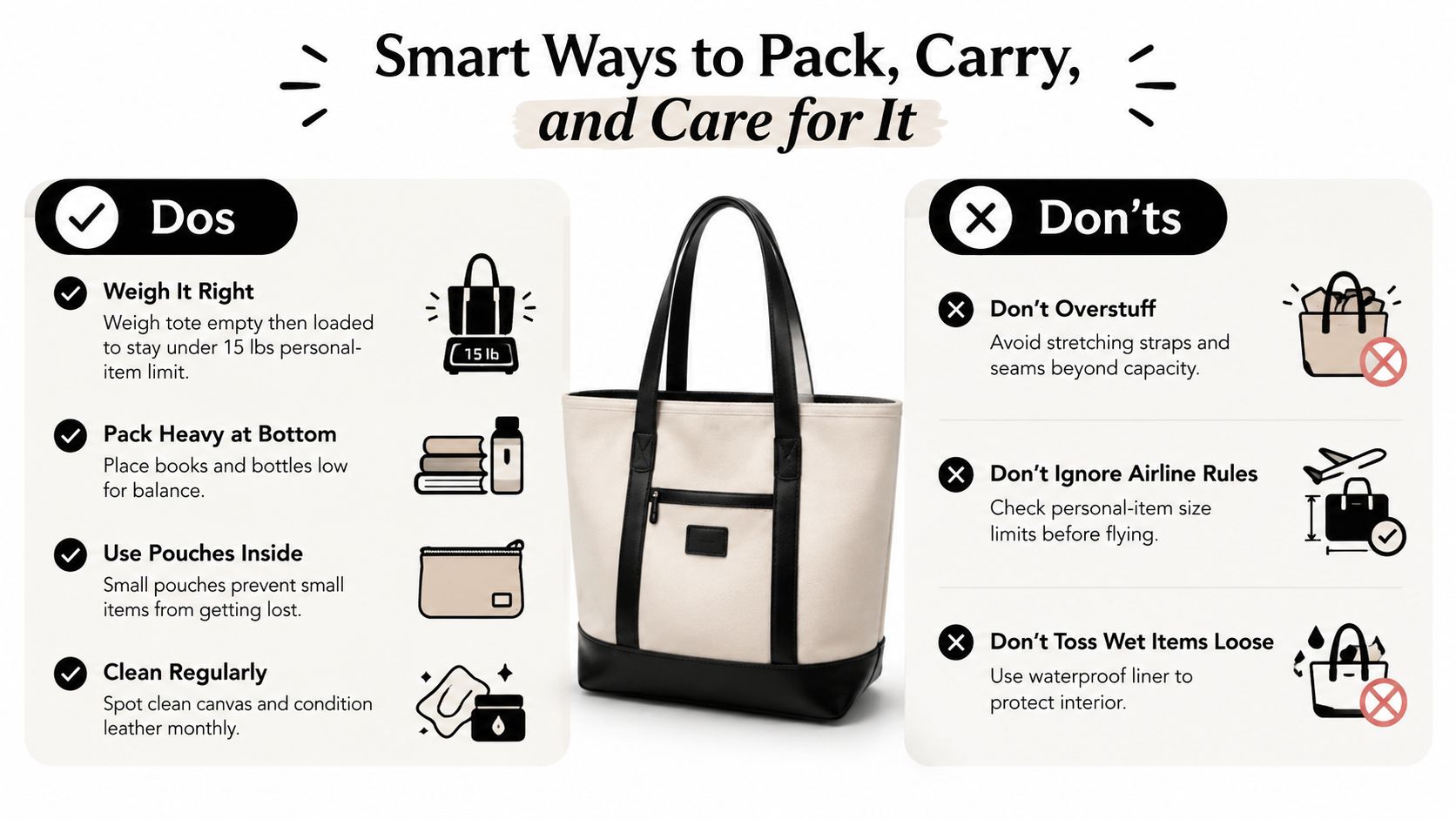 An infographic showing tips for packing, carrying, and caring for a tote bag, featuring dos and don'ts.