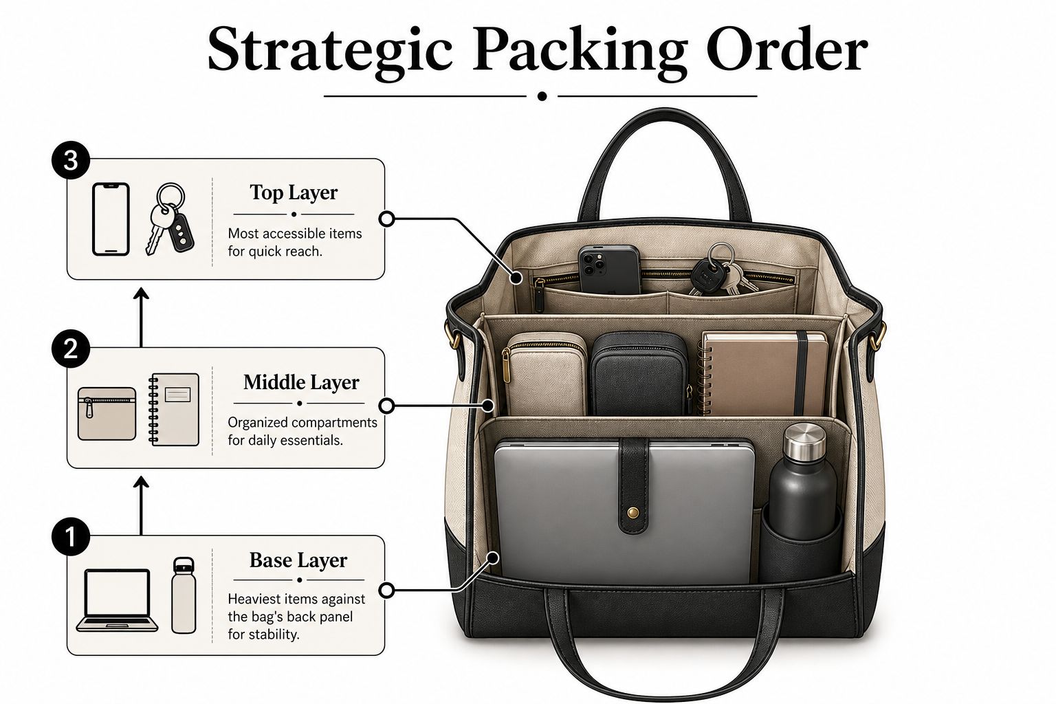 A diagram illustrating a strategic packing order for a travel bag, showing base, middle, and top layers.
