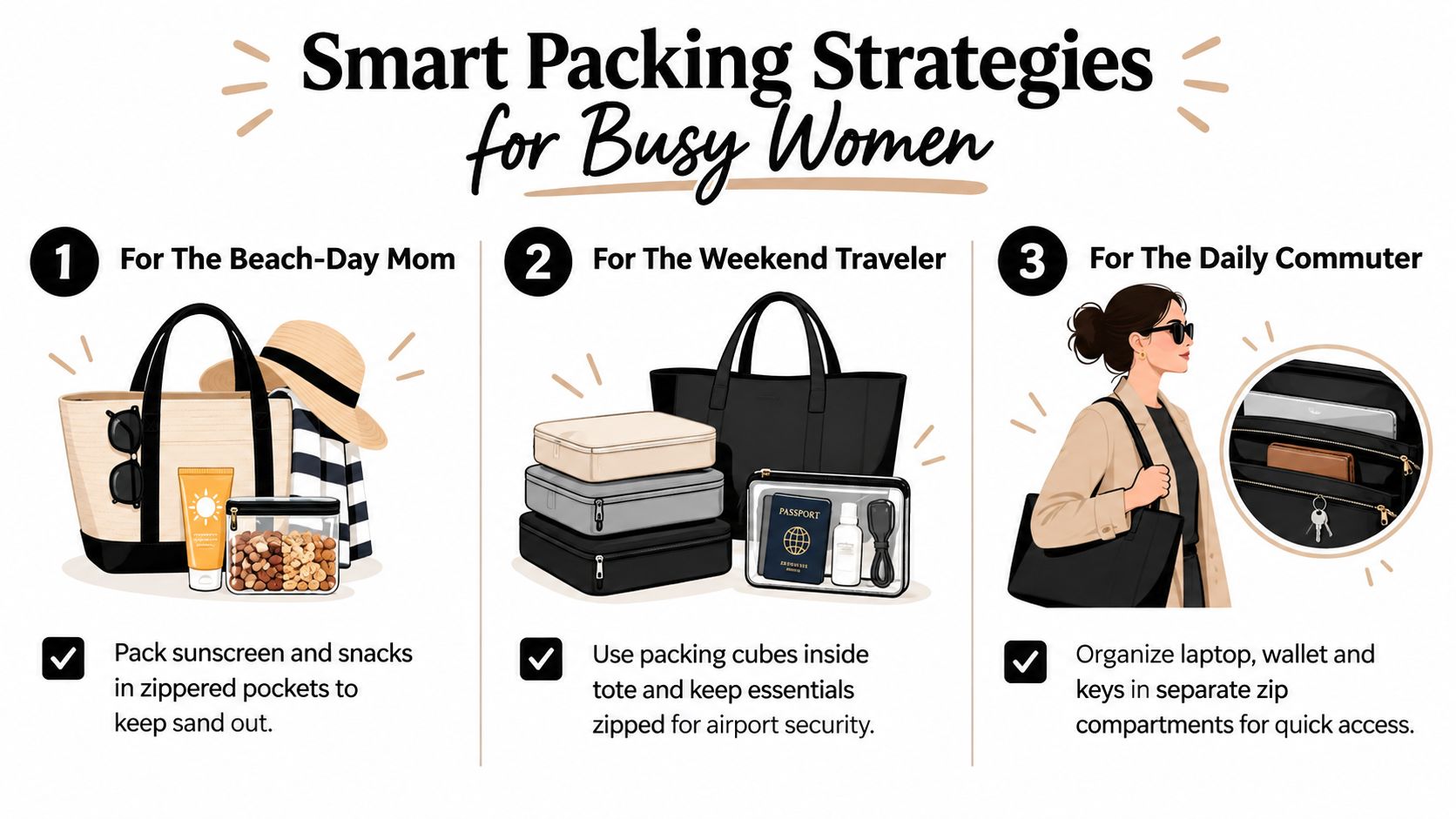 A graphic illustration providing smart packing strategies for busy women with different tote bag organization tips.
