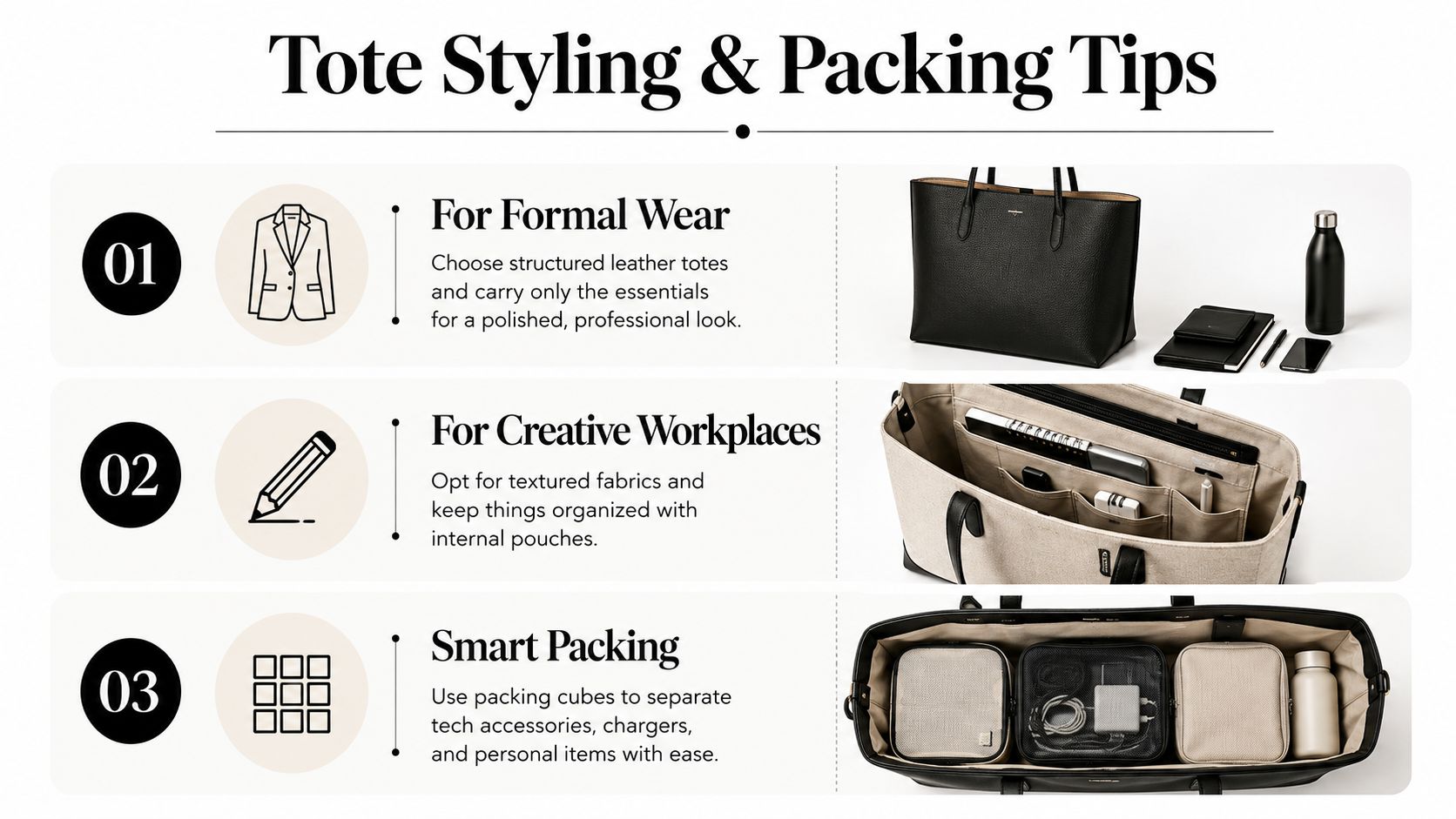 A visual guide showing tips for styling and packing a tote bag for work and organization.